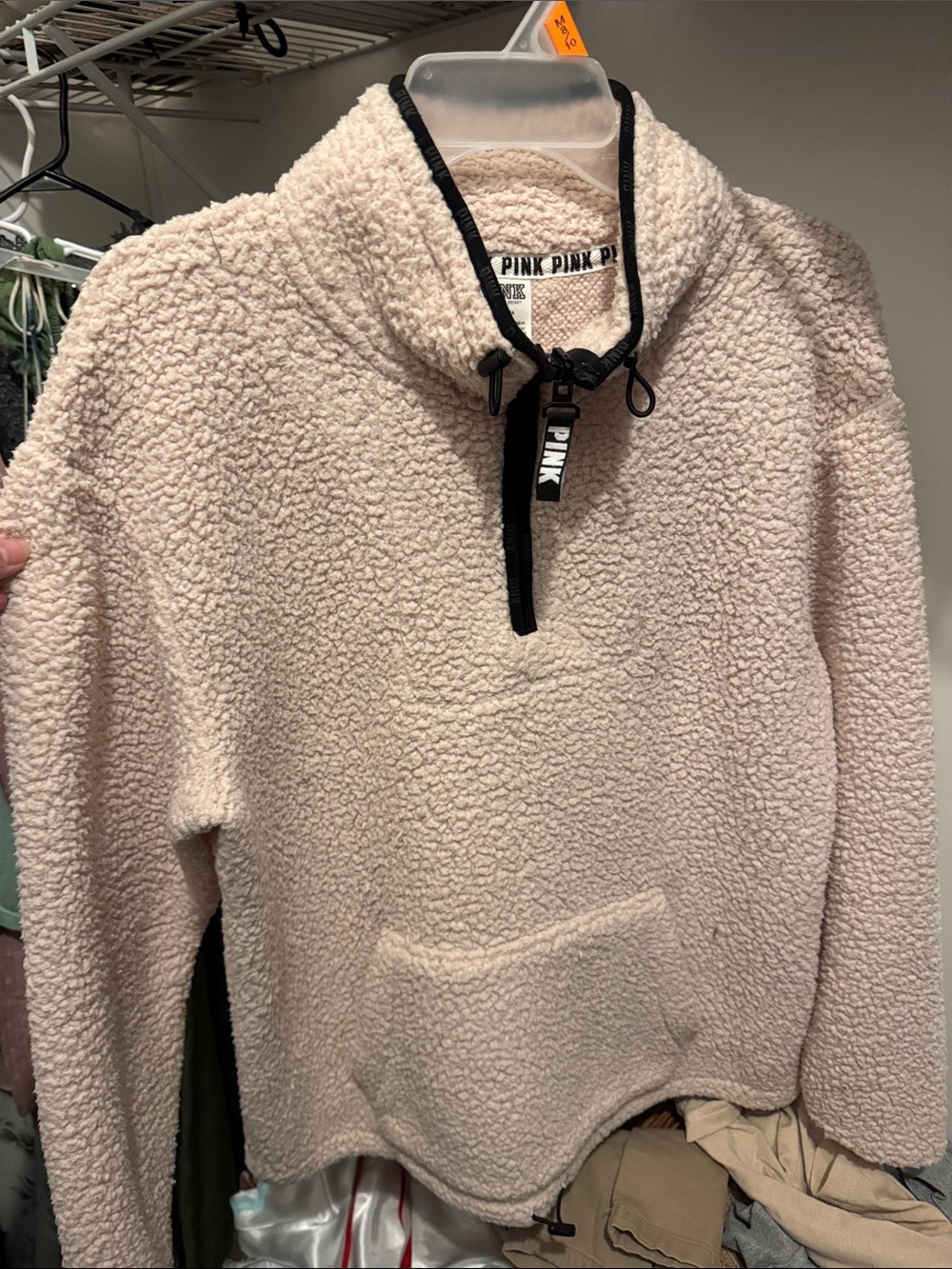 PINK Victoria's Secret Cream Sherpa Half-Zip Pullover with Black Trim